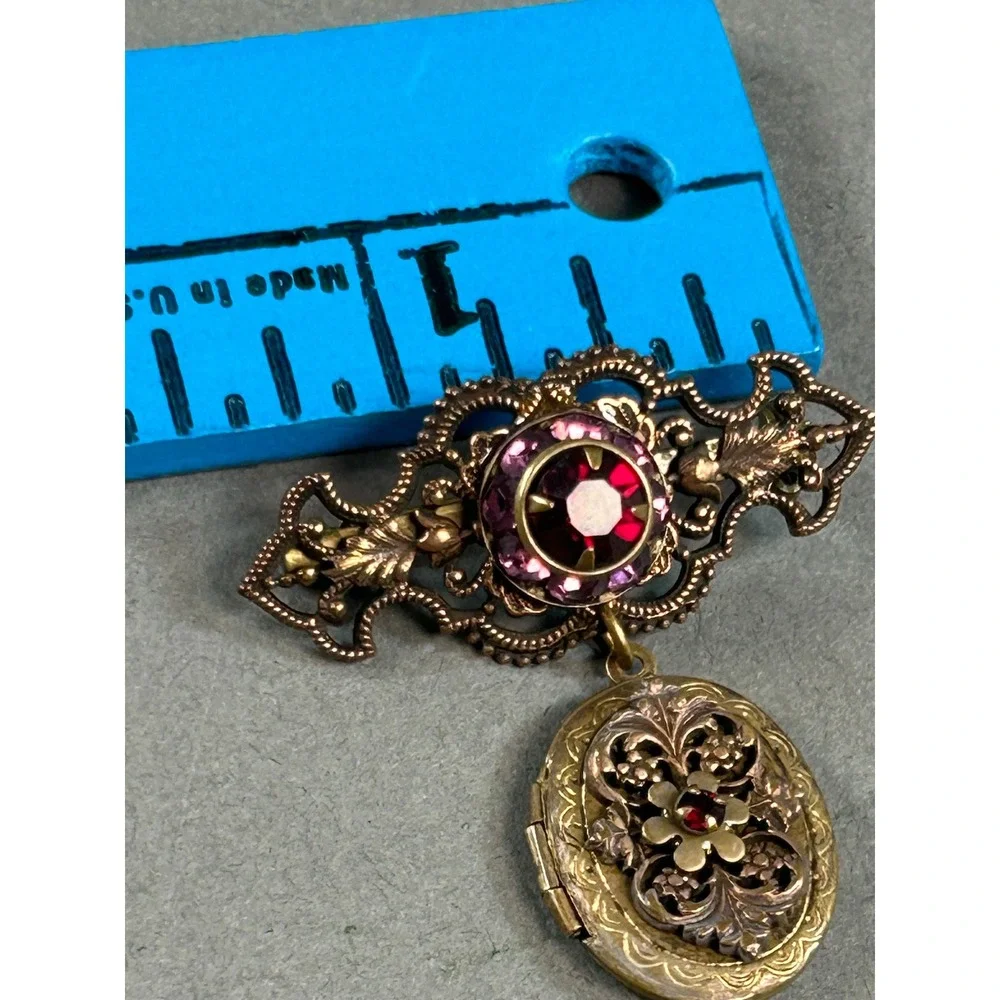 Liz Palacios SF Vintage Style Brass Locket Brooch Purple Red Crystal Pin